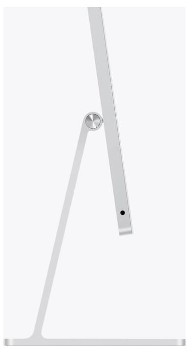 Side view of a silver computer monitor with a slim stand and adjustable hinge.