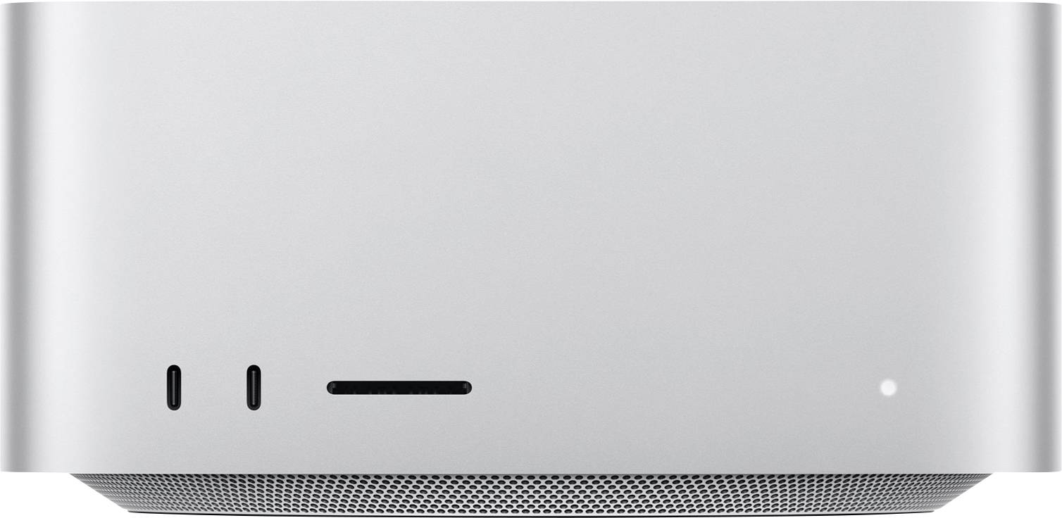 Silver rectangular device front view with ventilation, two horizontal slots, and a small circular light, indicating a minimalist design.