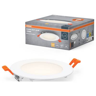 'OSRAM Downlight Slim 120MM' product packaging and luminaire; integrated LED, 890 lm, 3000K, warm white, suitable for indoor lighting.