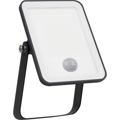 A rectangular LED floodlight with motion sensor, mounted on a black painted metal stand. Ideal for outdoor lighting.