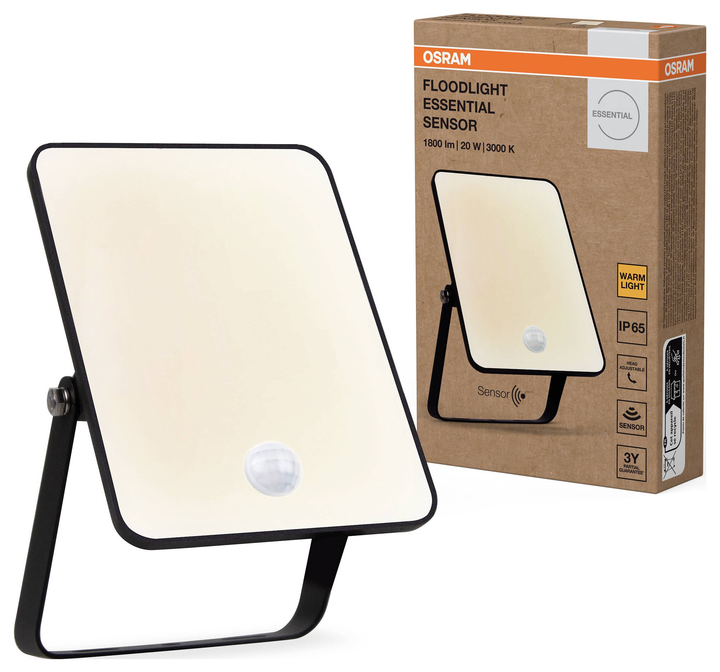 OSRAM floodlight with sensor next to the packaging. Offers 1800 lm, 20 W and 3000 K, suitable for outdoor use.