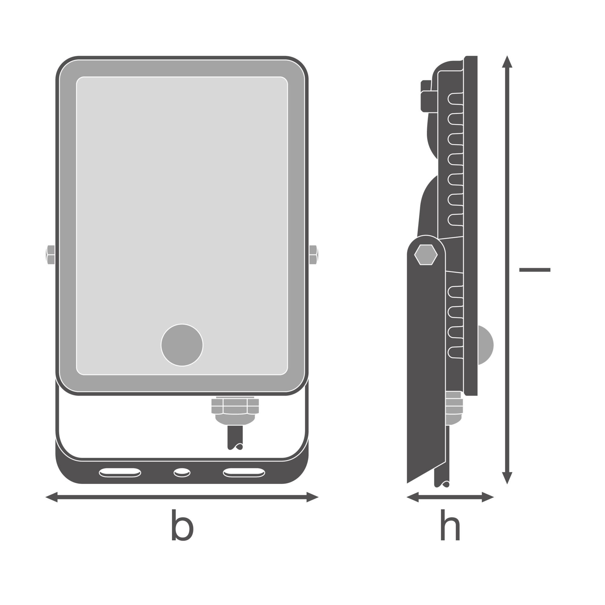 Dimensions of a rectangular floodlight, front and side view. Width (b) and height (h) are indicated.