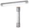 LED tube light with gray housing, suitable for workplace lighting. Packaging shows product information and installation instructions.