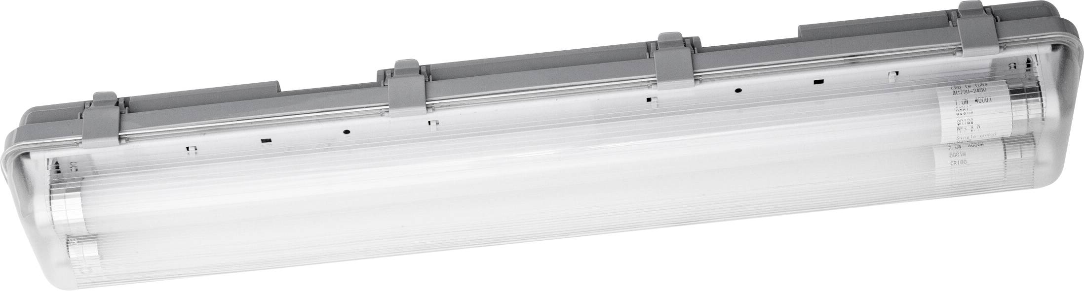 Industrial light with robust housing and two fluorescent tubes that provides powerful illumination in warehouses or factories.