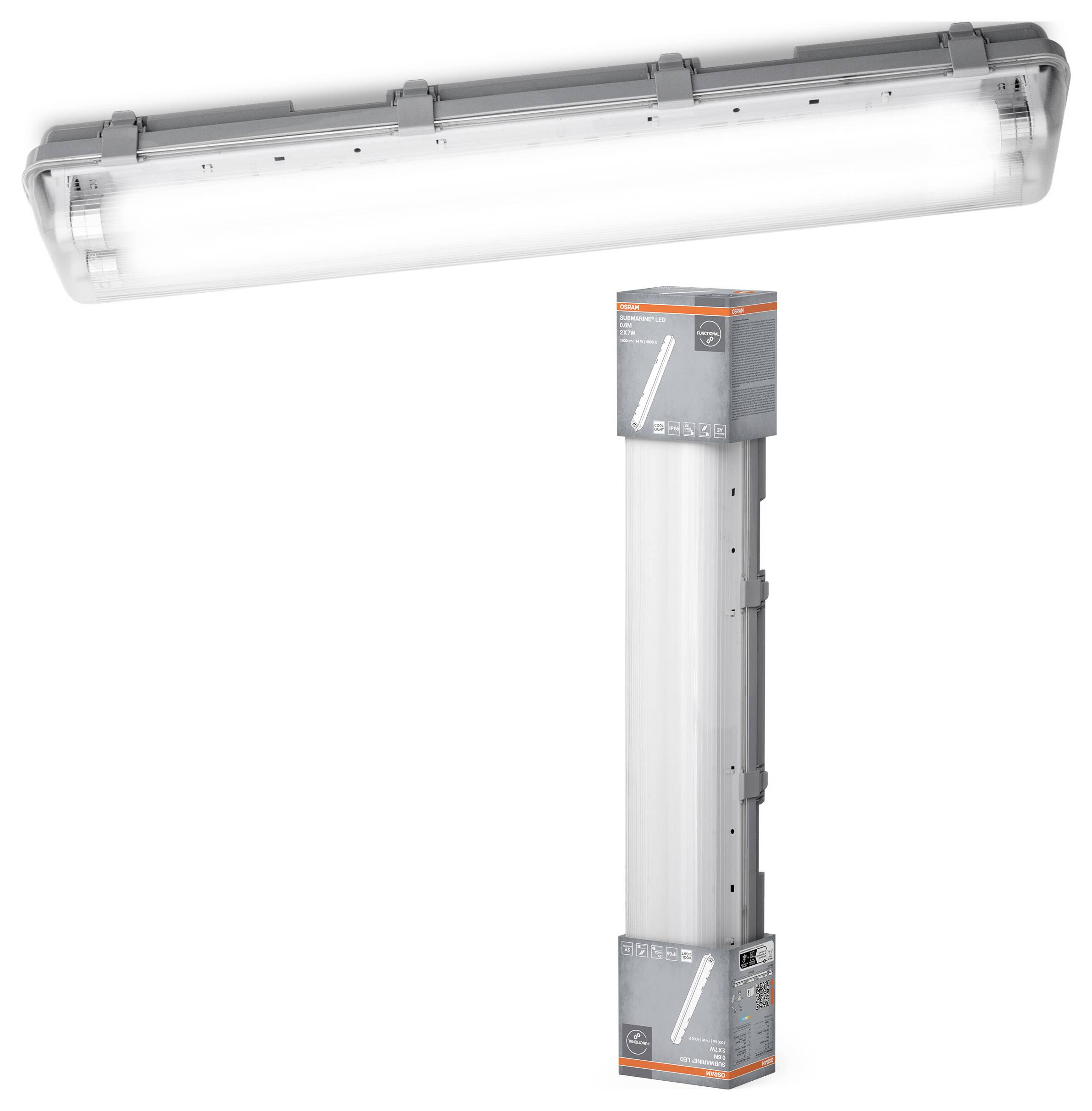 Industrial LED light in rectangular form, showing product packaging and illuminated light. Suitable for warehouses or workshops.