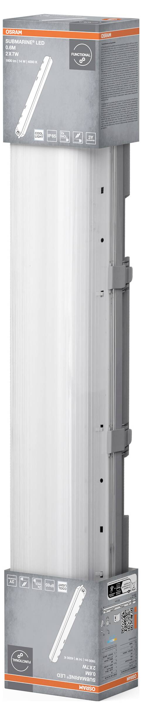 Packaging of an LED light fixture (60 cm, 230 V, 18 W, 2400 lm). Printed information shows product features and energy efficiency class.