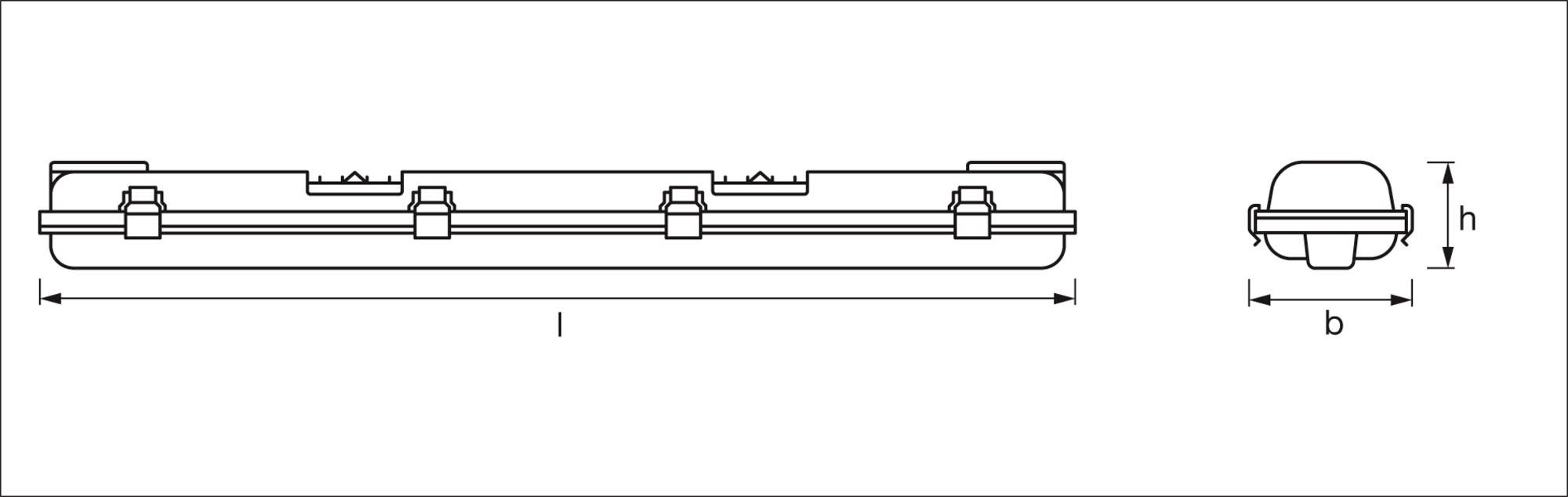 Technical drawing of an elongated housing, side view with length dimension 'l', width dimension 'b' and height dimension 'h'.