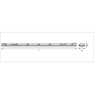 Diagram of a linear luminaire with dimensions: Length (l), Width (b), Height (h). Side and top view shown with mounting points.