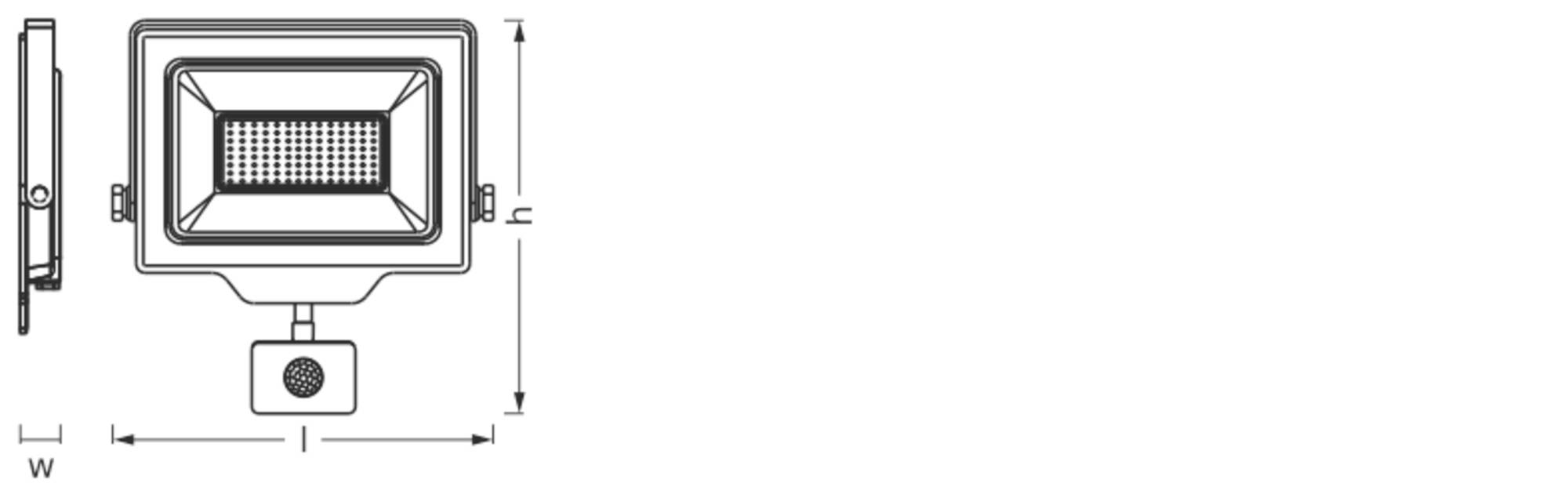 Technical drawing of a rectangular headlight with dimensions 'H' and 'W'. Side and front view shown with mounting bracket.