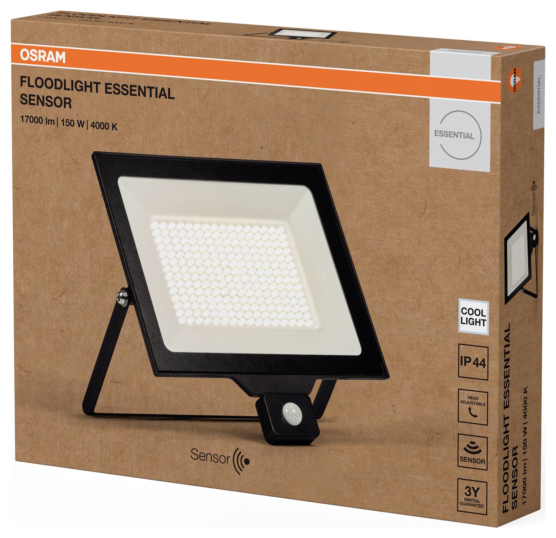 A packaging for Osram Floodlight Essential Sensor. The product offers 17,000 lumens at 150 watts and has a color temperature of 4000 Kelvin.
