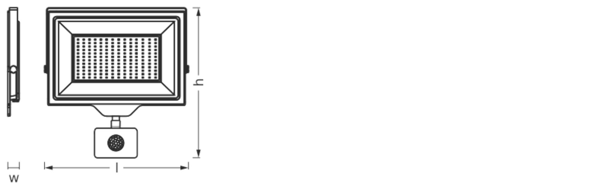 Drawing of a rectangular LED floodlight with dimensions L, W, H. Top: light surface with grid, bottom: mounting bracket.