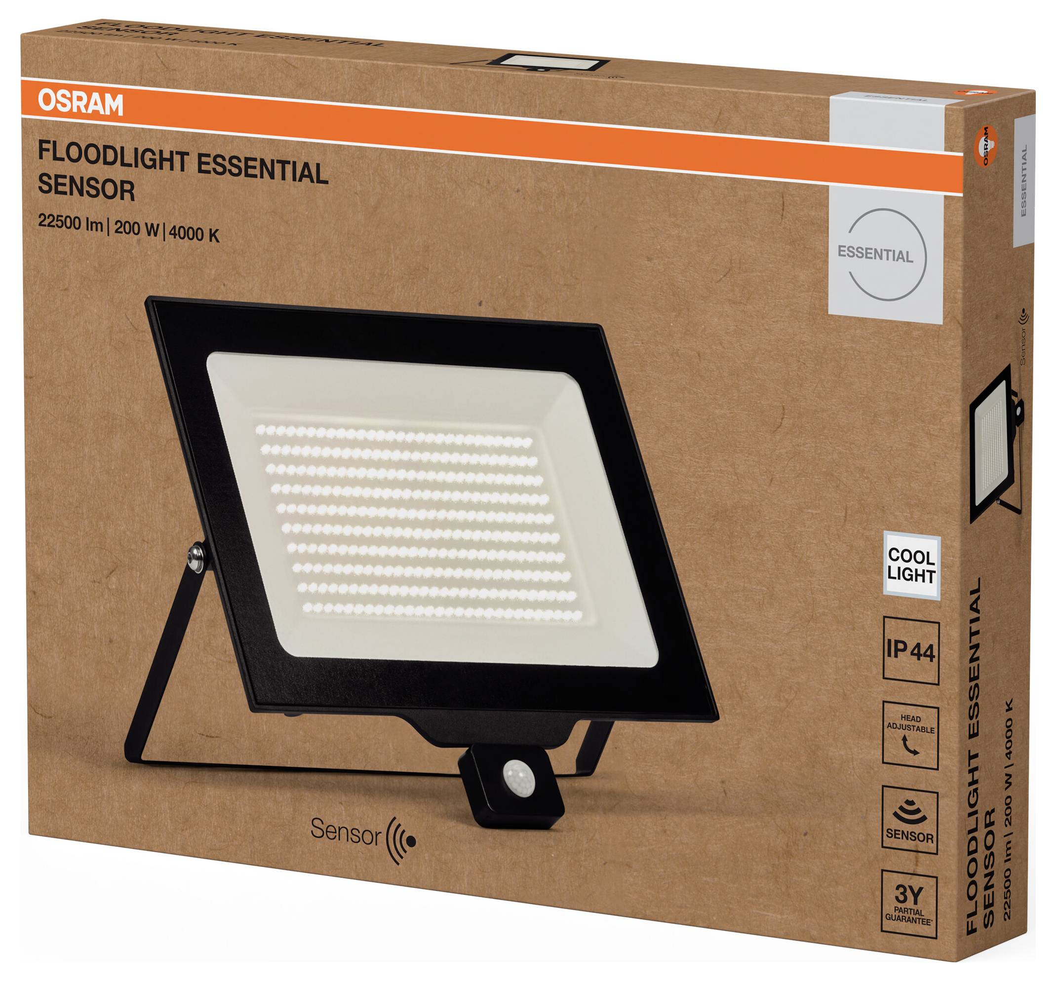 Packaging of an OSRAM floodlight with sensor, model 'Floodlight Essential', 22500 lm, 200 W, 4000 K, IP44 suitable for outdoor areas.