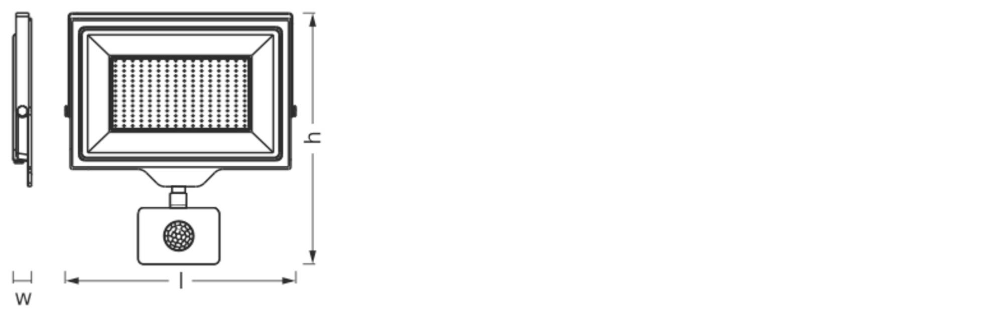 Drawing of a rectangular headlight with dimensions 'W', 'H', and 'L'. Lighting fixture with rectangular front and central mounting point.