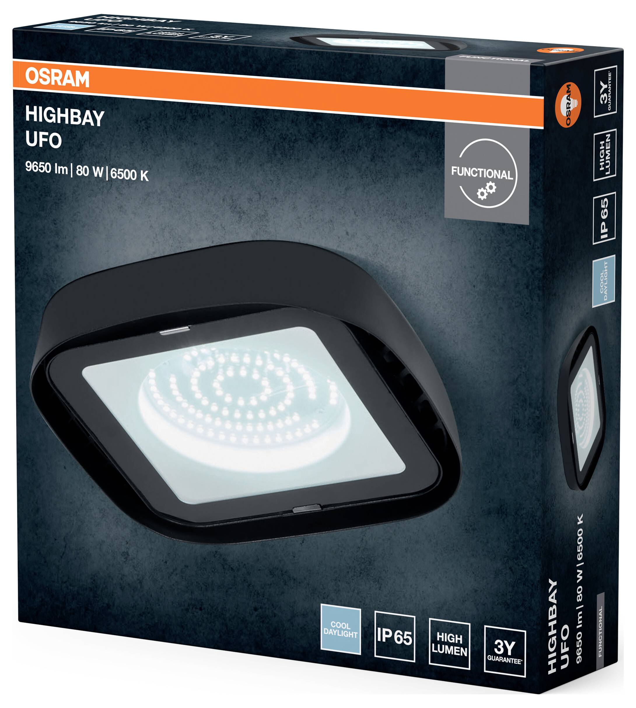 A packaging for the OSRAM Highbay UFO LED luminaire with 80 W power, 9650 lm brightness and 6500 K color temperature. Suitable for IP65 environments.