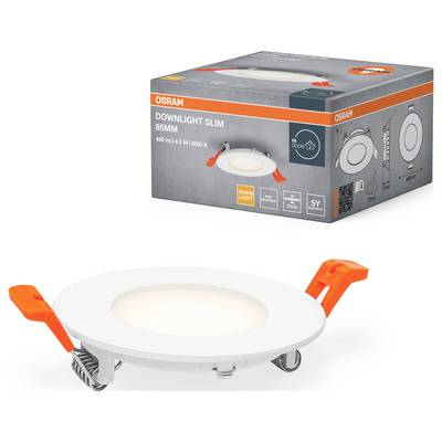 Round, white LED downlight with orange clips, 85 mm diameter. Packaging with product image and text: Osram Downlight Slim.