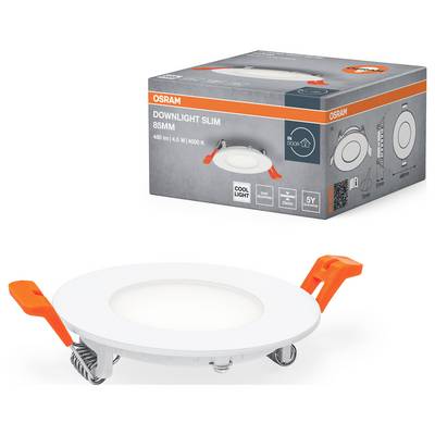 A round, white recessed light with orange clips and gray packaging labeled 'OSRAM Downlight Slim 85mm'.