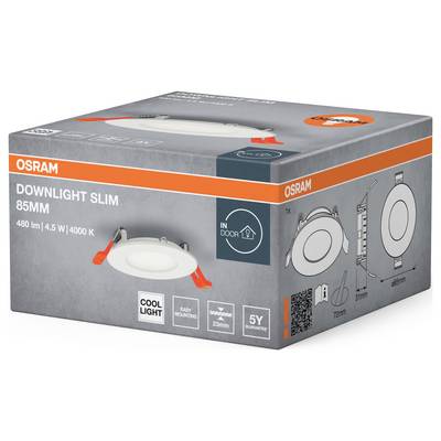 'Osram Downlight Slim 85mm' packaging with product image, specifications: 480 lm, 4.5 W, 4000 K, suitable for indoor use.
