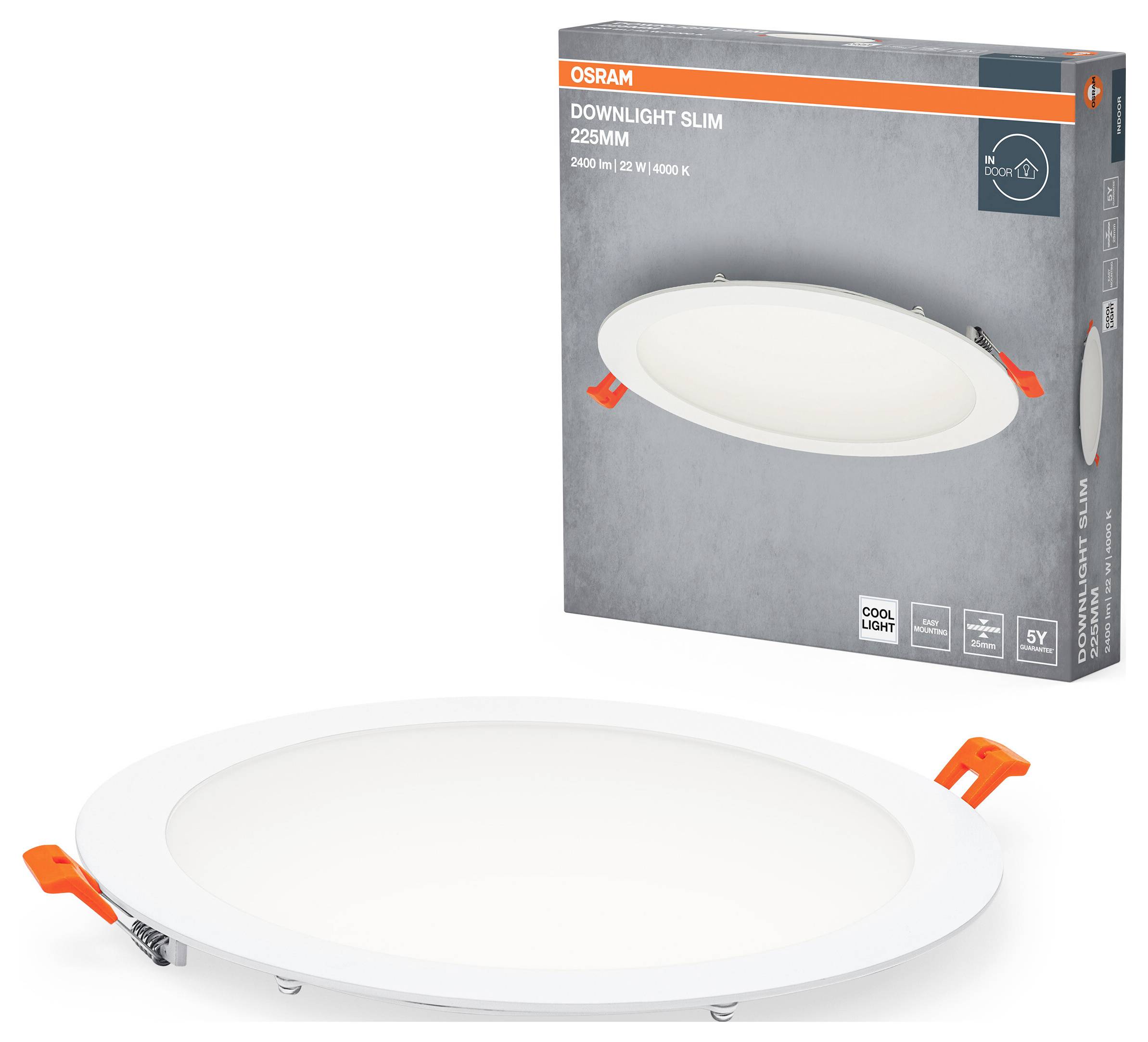 A flat, round recessed LED downlight with cool white light, 225 mm diameter. Packaging shows product details from OSRAM.