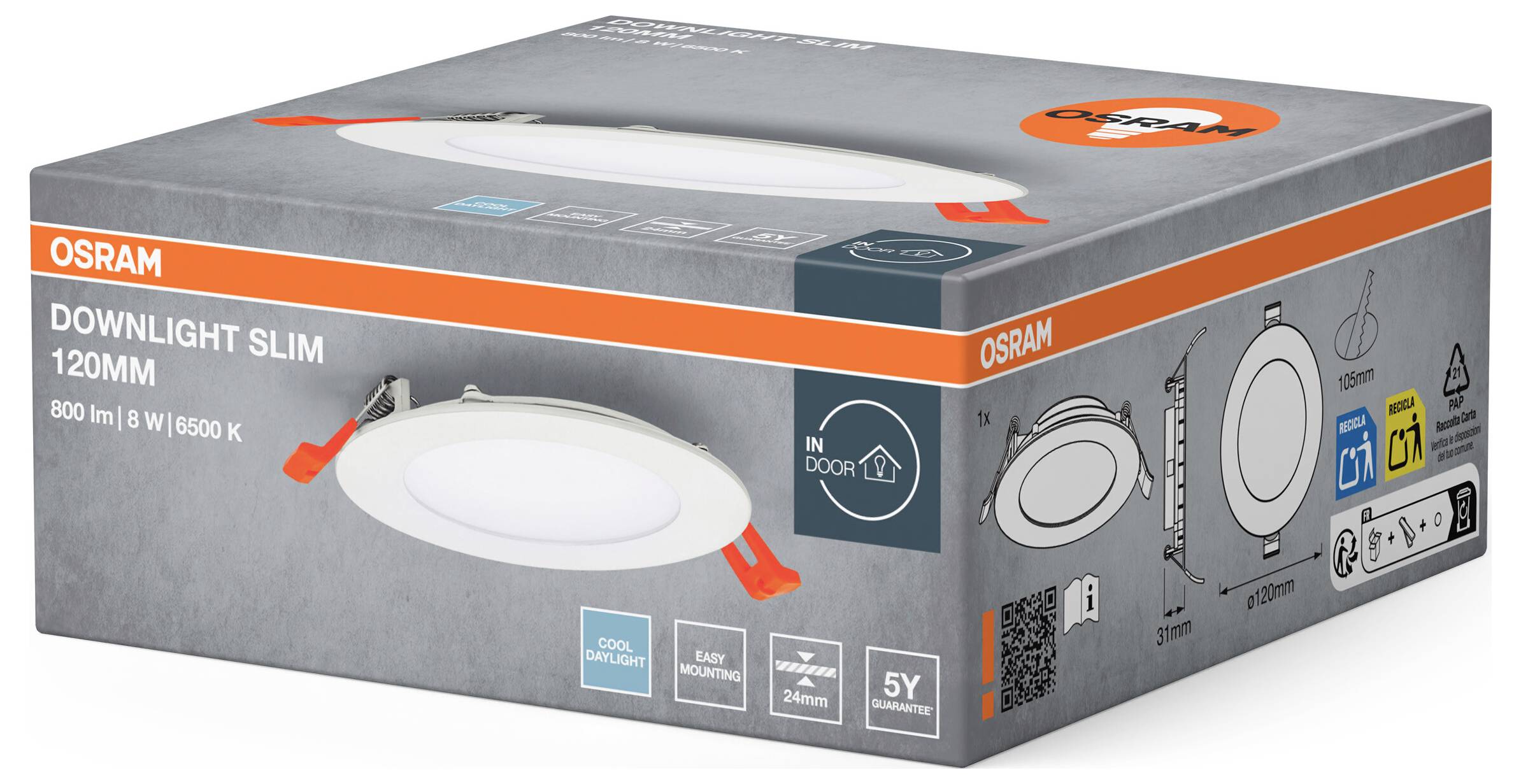 'OSRAM Downlight Slim 120 mm, 800 lm, 8 W, 6500 K.' Packaging shows energy-saving recessed light with warranty notice and application possibilities.