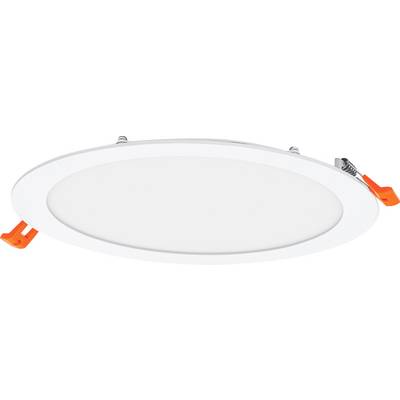 Round, white LED panel with adjustable, orange-colored brackets on the sides, suitable for ceiling mounting.