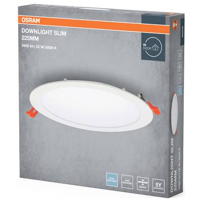 Packaging of the Osram Downlight Slim 225 mm, 2400 lm, 22 W, 6500 K. Suitable for indoor use, easy installation, 5-year warranty.