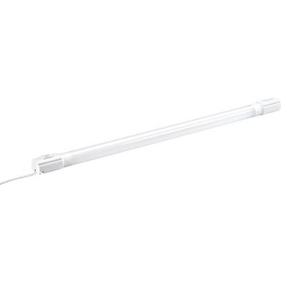 Fluorescent tube with cable, horizontally oriented, against white background.