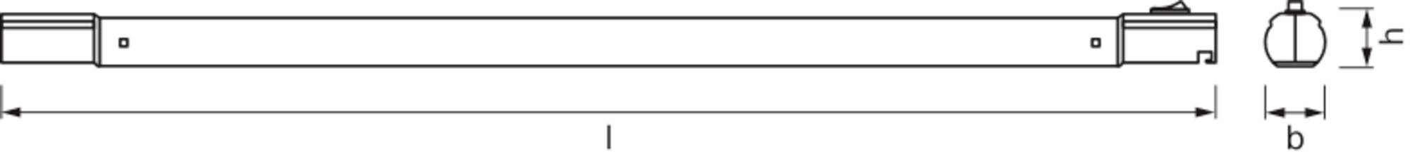 Technical drawing of a cylindrical object with dimensions 'l' for length and 'b' for width, profile view top right.