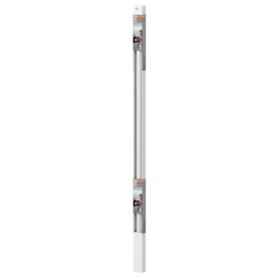 A modern, industrial piping system, vertically arranged, with light gray pipes and orange accents.
