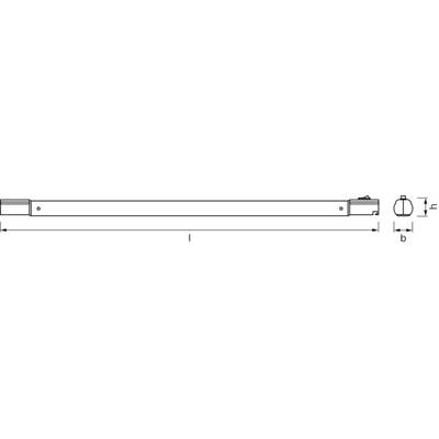 Technical drawing of a linear object with labels: 'l' for length and 'b' for width. Details at the ends shown.