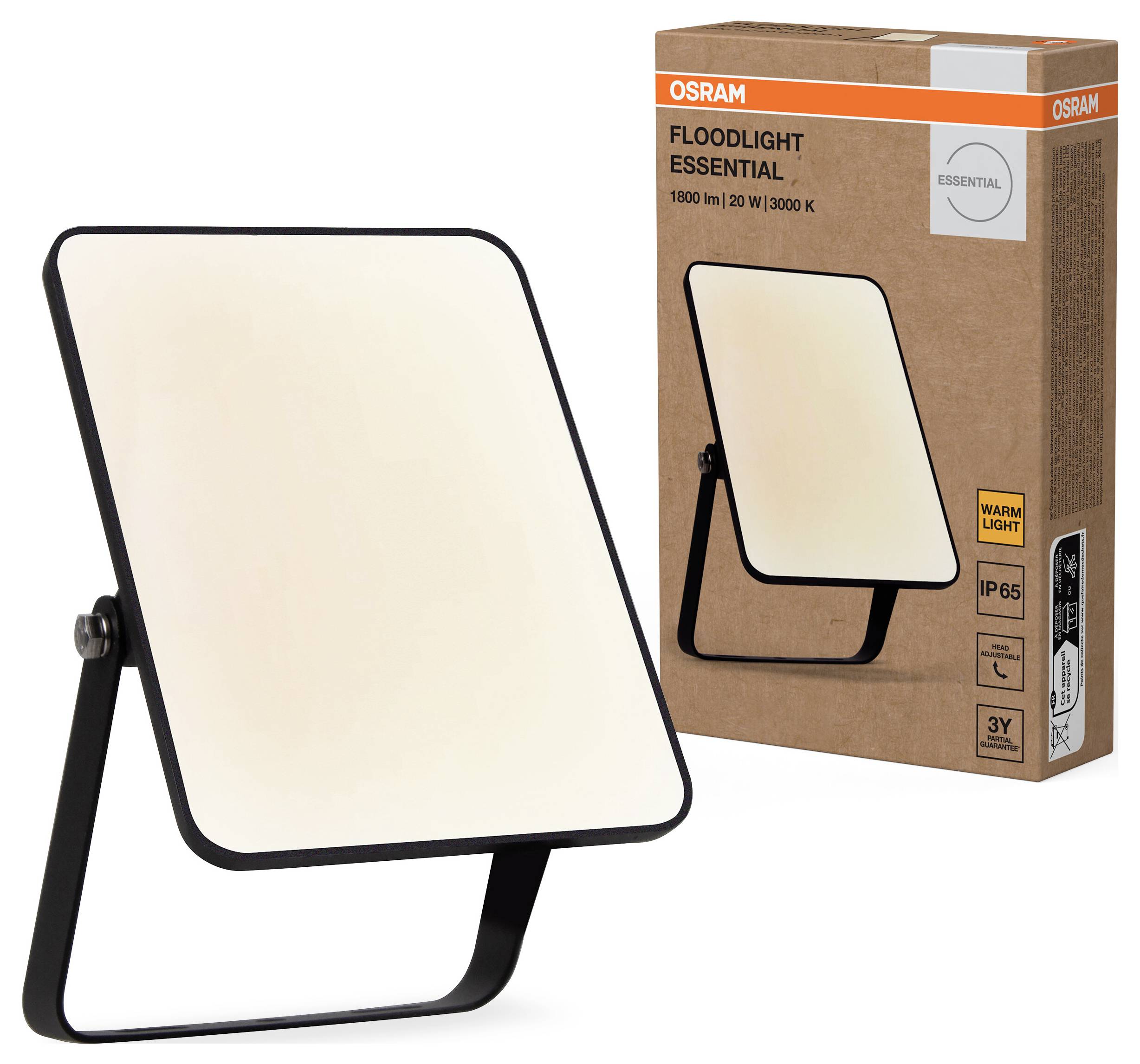 OSRAM floodlight, rectangular with stand, shown on packaging; 1800 lumens, 20 watts, 3000 Kelvin, warm white light, IP65.