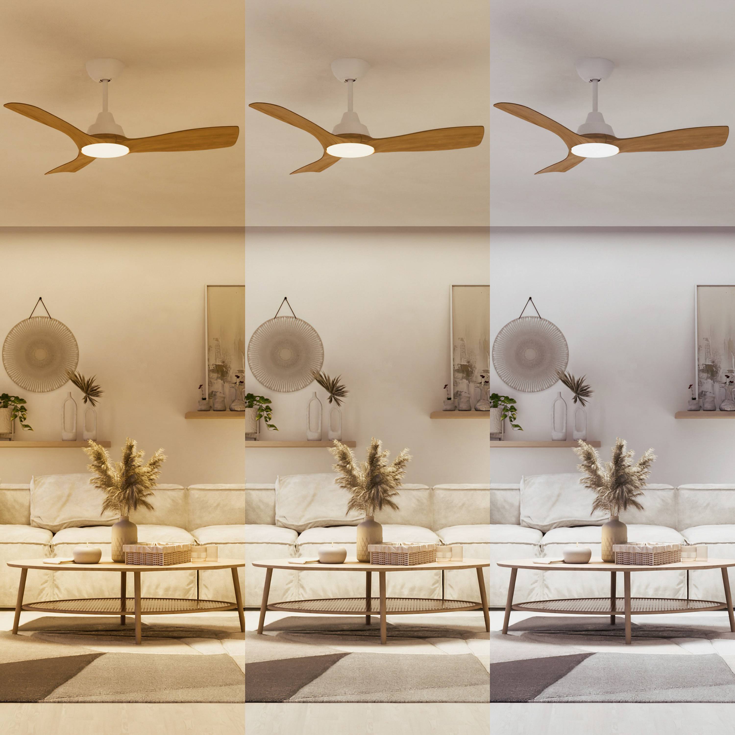 Three photos of a living room with a wooden ceiling fan and sofa. Different lighting moods: warm, neutral, cold.