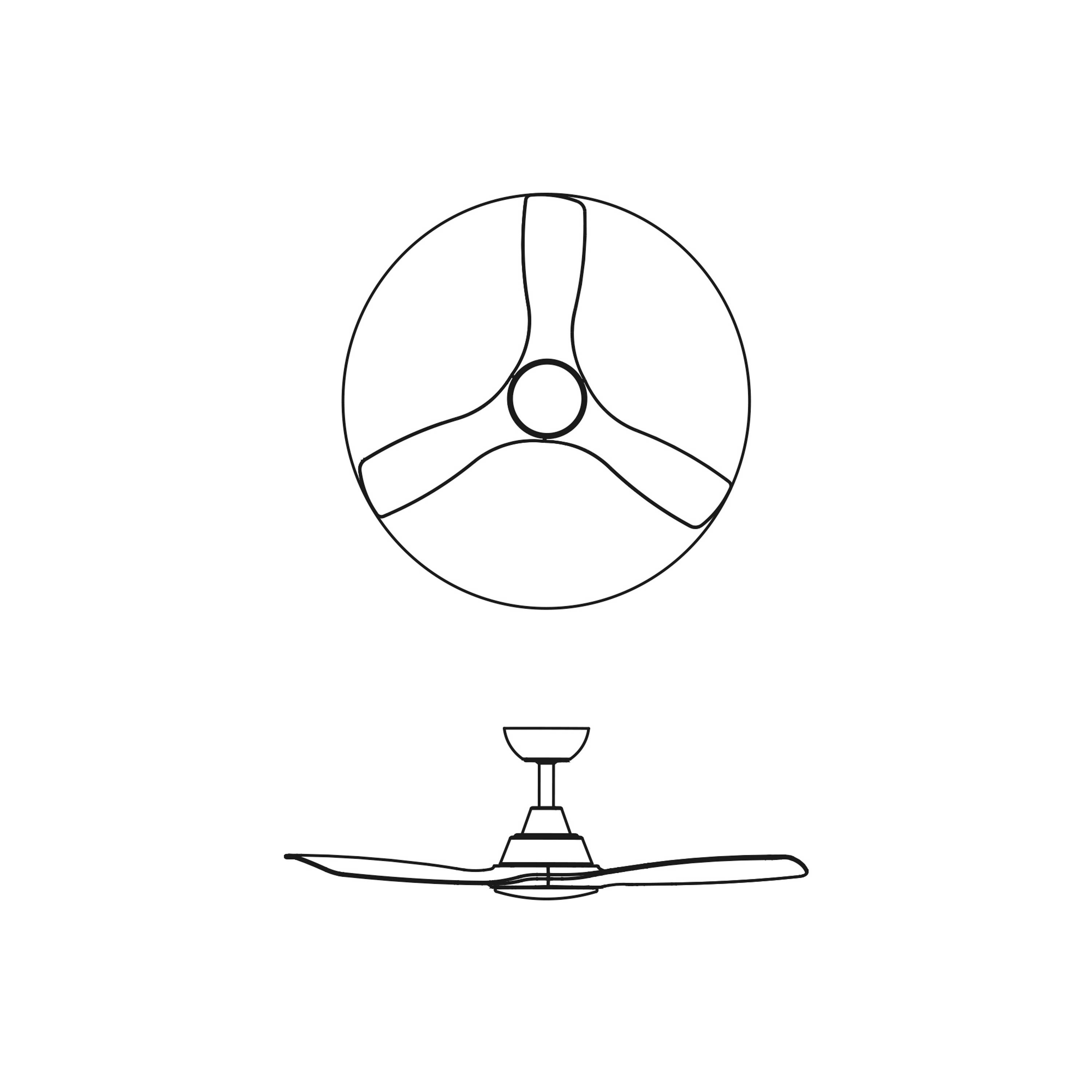 Top and side view of a fan; shows the arrangement of the rotor blades and the ceiling mounting.