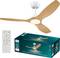 Ceiling fan with three blade-shaped wooden blades and a white housing, including remote control and original packaging.