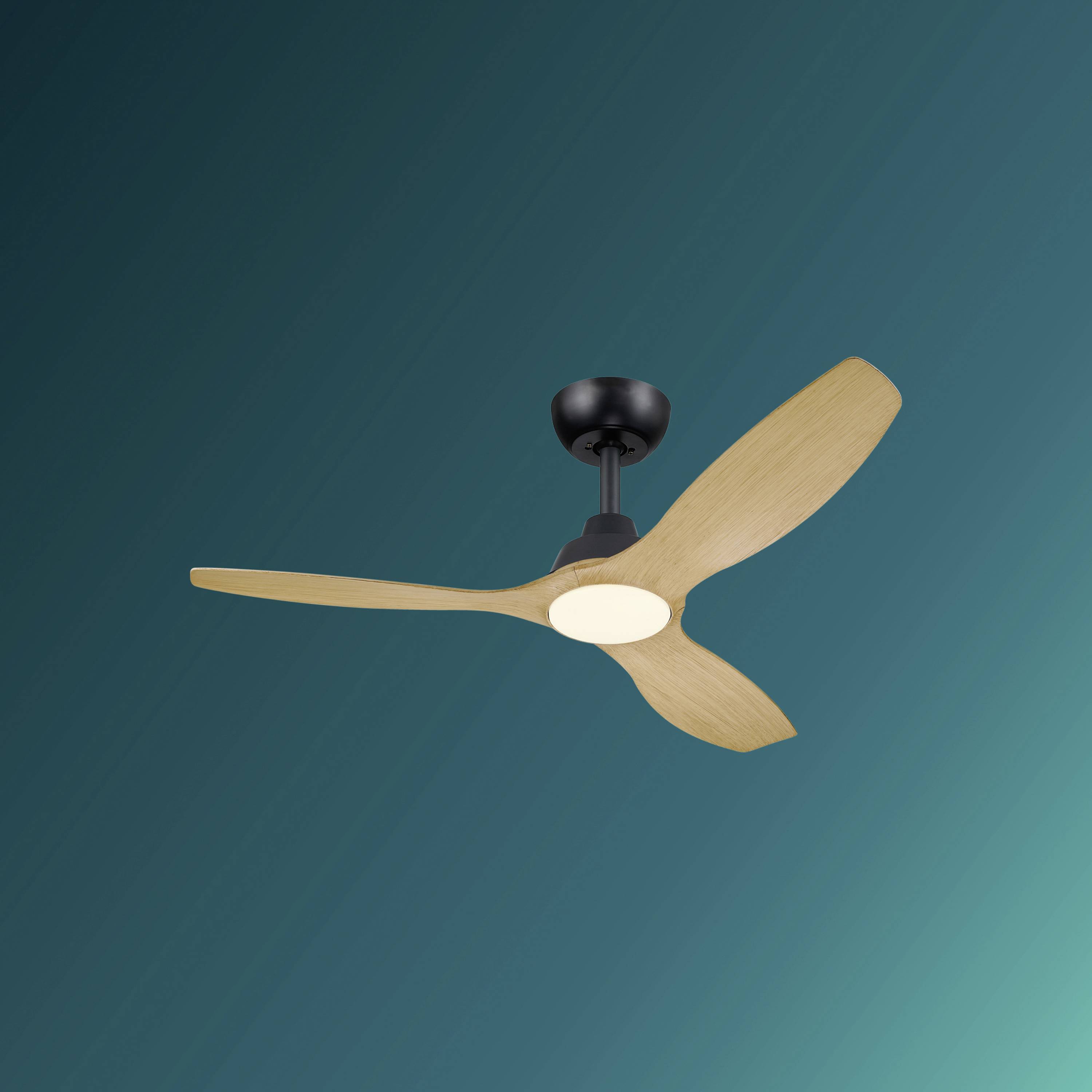 A modern ceiling fan with three wooden blades against a turquoise background, centered in the image.