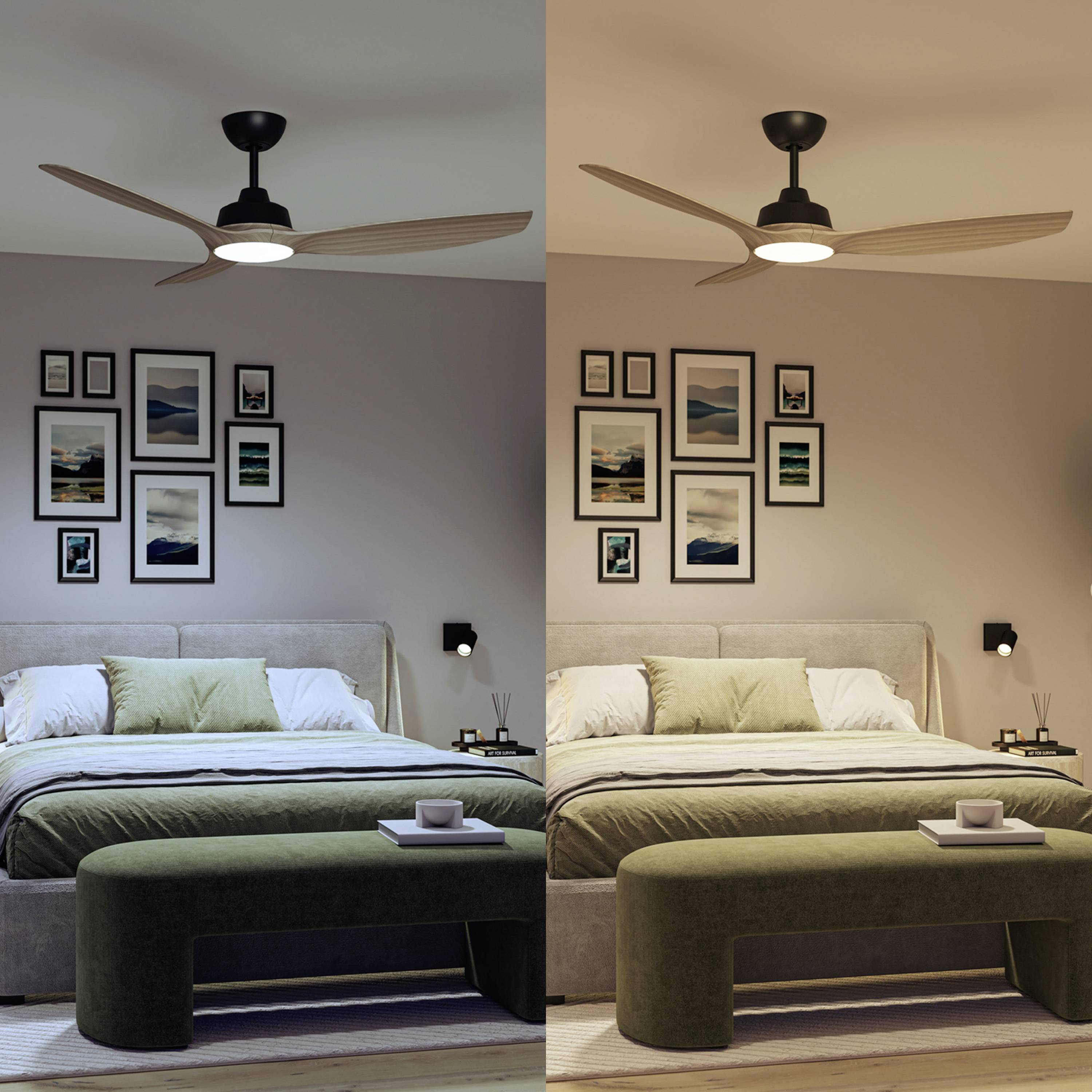 Bedroom with double bed, green bench in front of it, pictures on the wall and modern ceiling fan with wooden blades.