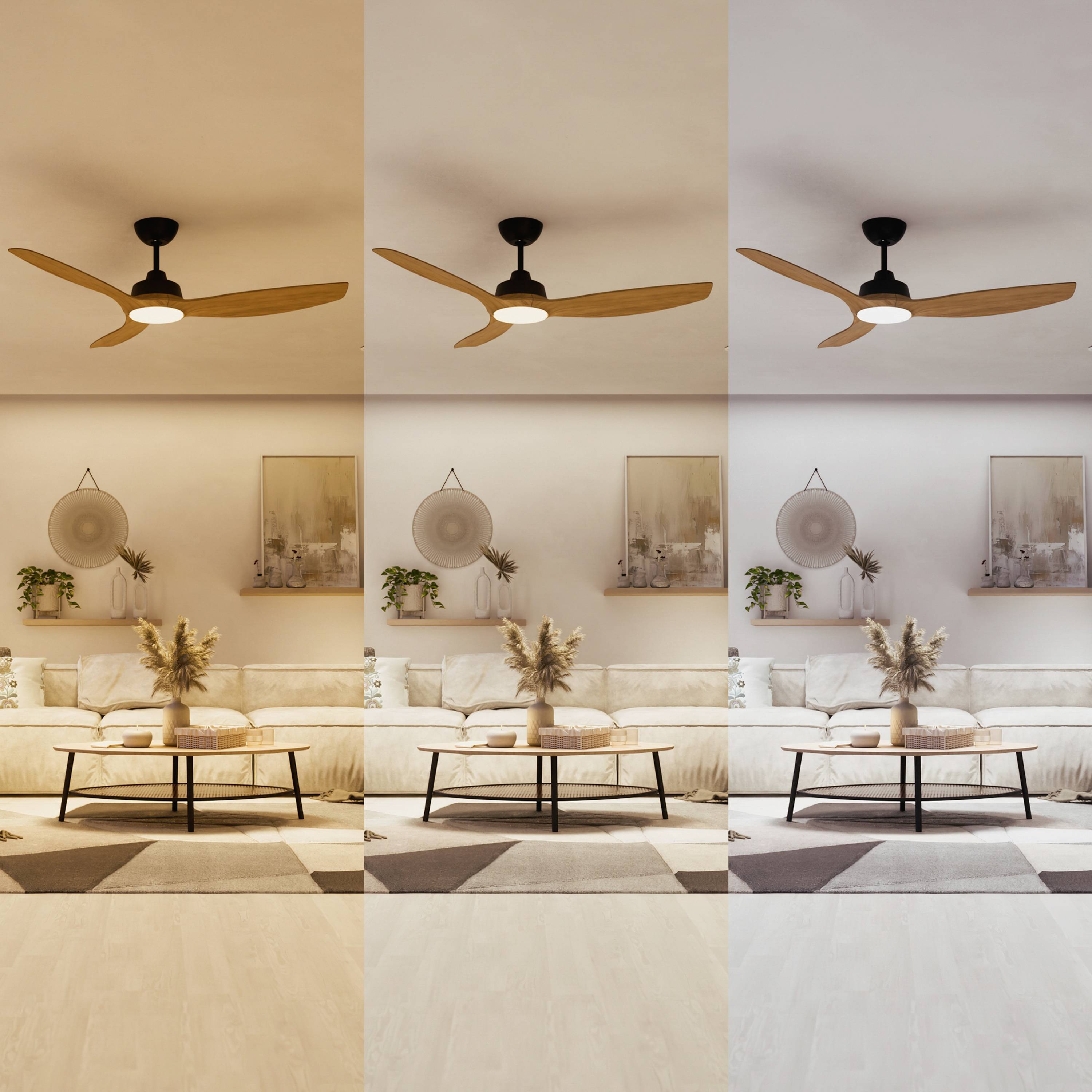 Three side-by-side images of a living room with different light temperatures: warm white, neutral white, and cool white. A ceiling fan is visible in all images.