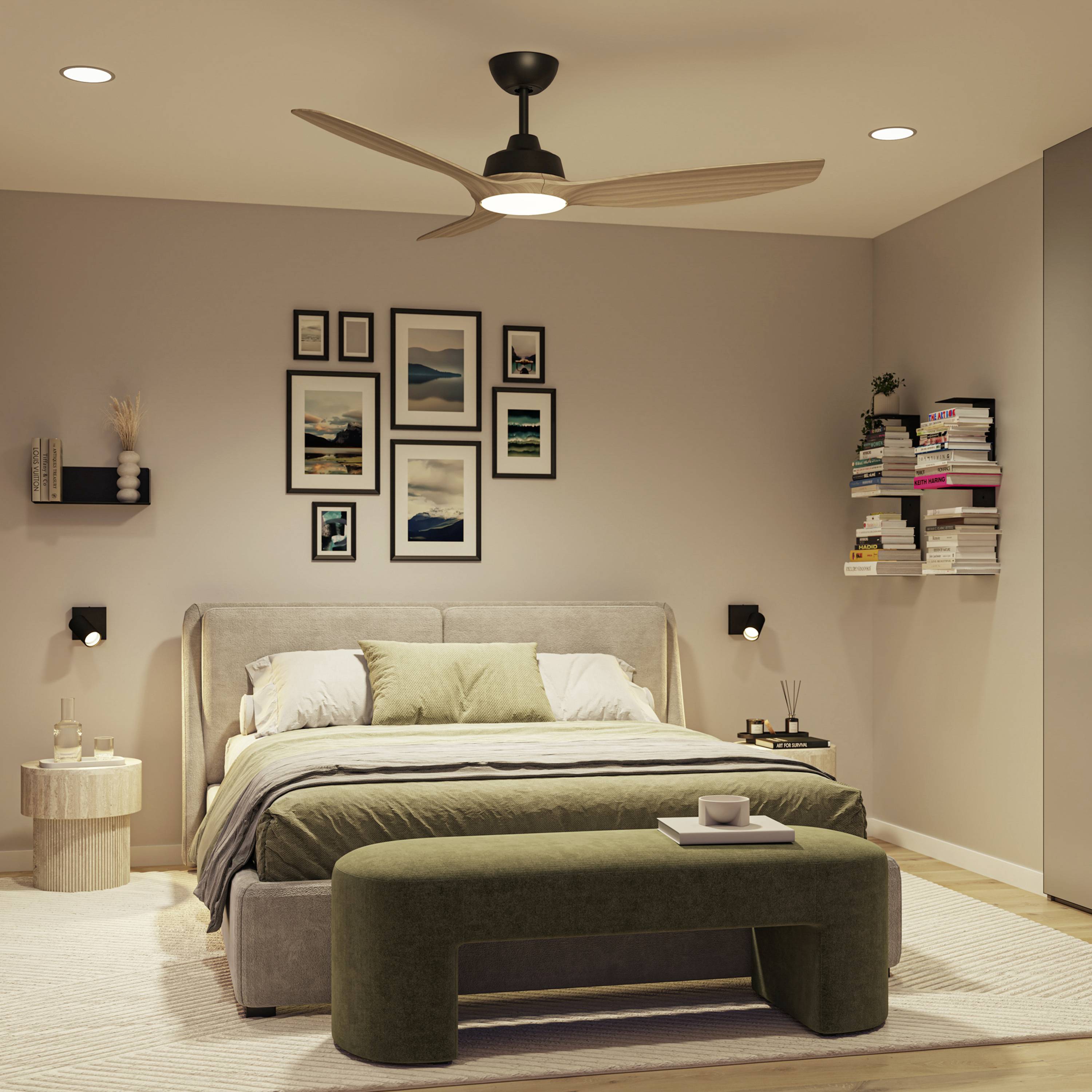 A modern bedroom with a large bed, decorative wall shelf, several framed pictures above it, and an upholstered stool.