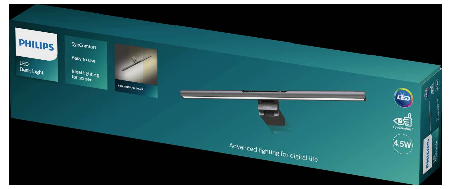 A Philips LED desk lamp in blue packaging. Text: 'EyeComfort', 'Easy to use', 'Ideal lighting for screens'.