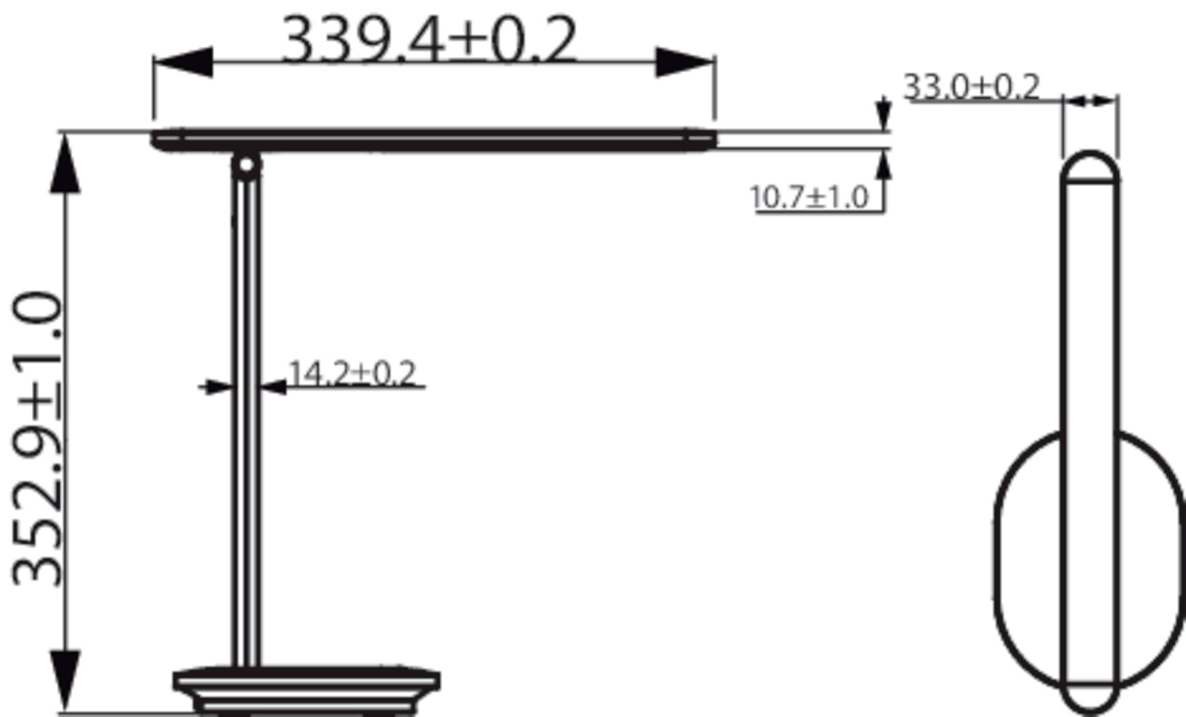 Side view of a table lamp with dimensions: height 352.9 mm and width 339.4 mm. Edges and supports are indicated.