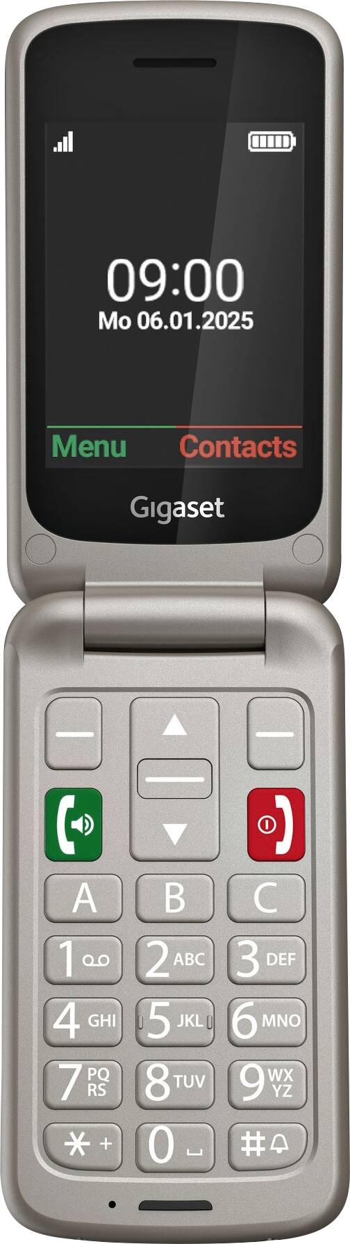 A flip phone with a large display and buttons. The screen shows the time '09:00' and date 'Mon 06.01.2025'.