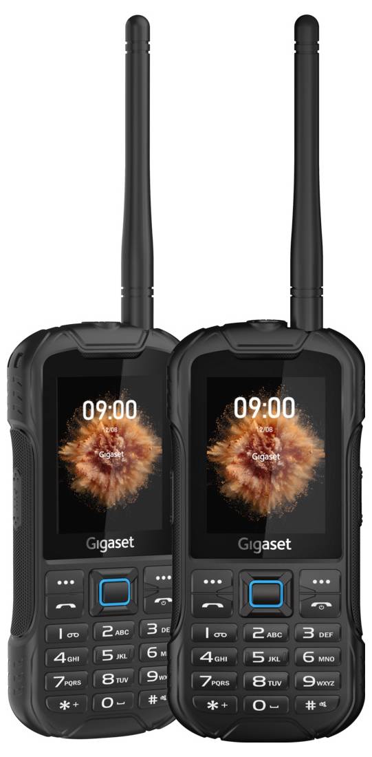 Two rugged mobile phones with antennas, each showing the time 09:00 on the display, Gigaset brand, against a white background.