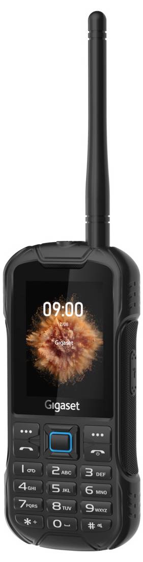 Black, robust mobile phone with antenna and buttons; displays 09:00 on the screen. Brand 'Gigaset'.