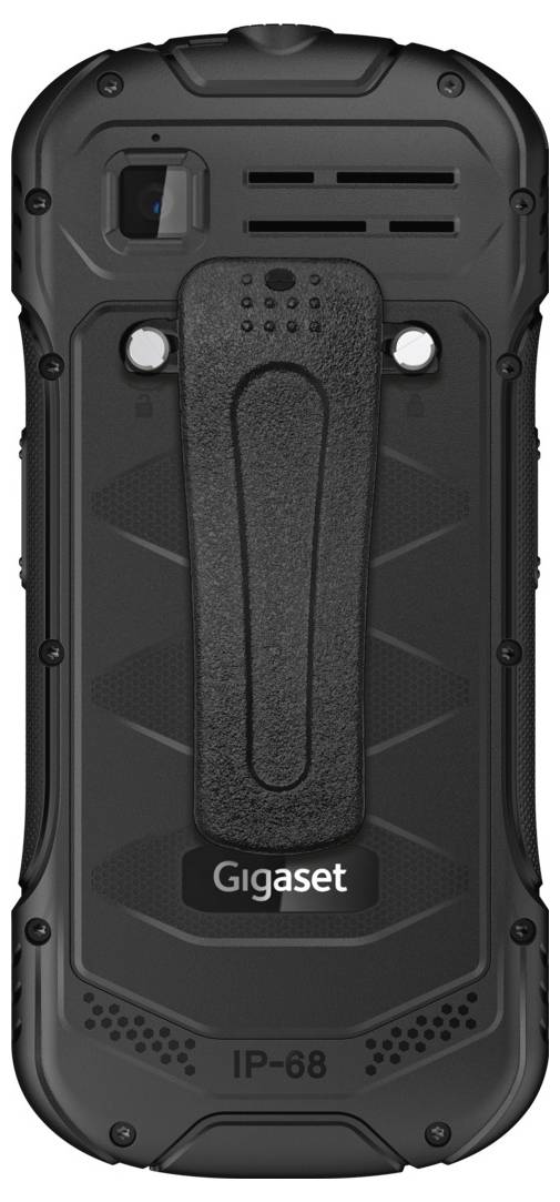 Rear view of a robust, black mobile phone with large clip, brand 'Gigaset'.
