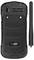 Back of a rugged, black mobile phone with detachable antenna, company logo 'Gigaset', IP-68 protection class indication.