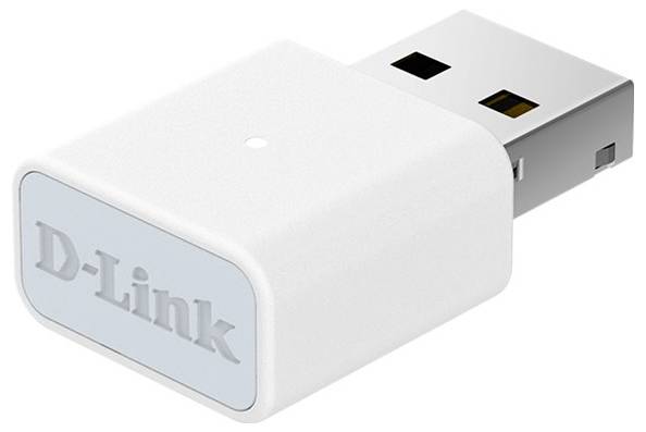 A white D-Link USB adapter for wireless network connections, compact design.