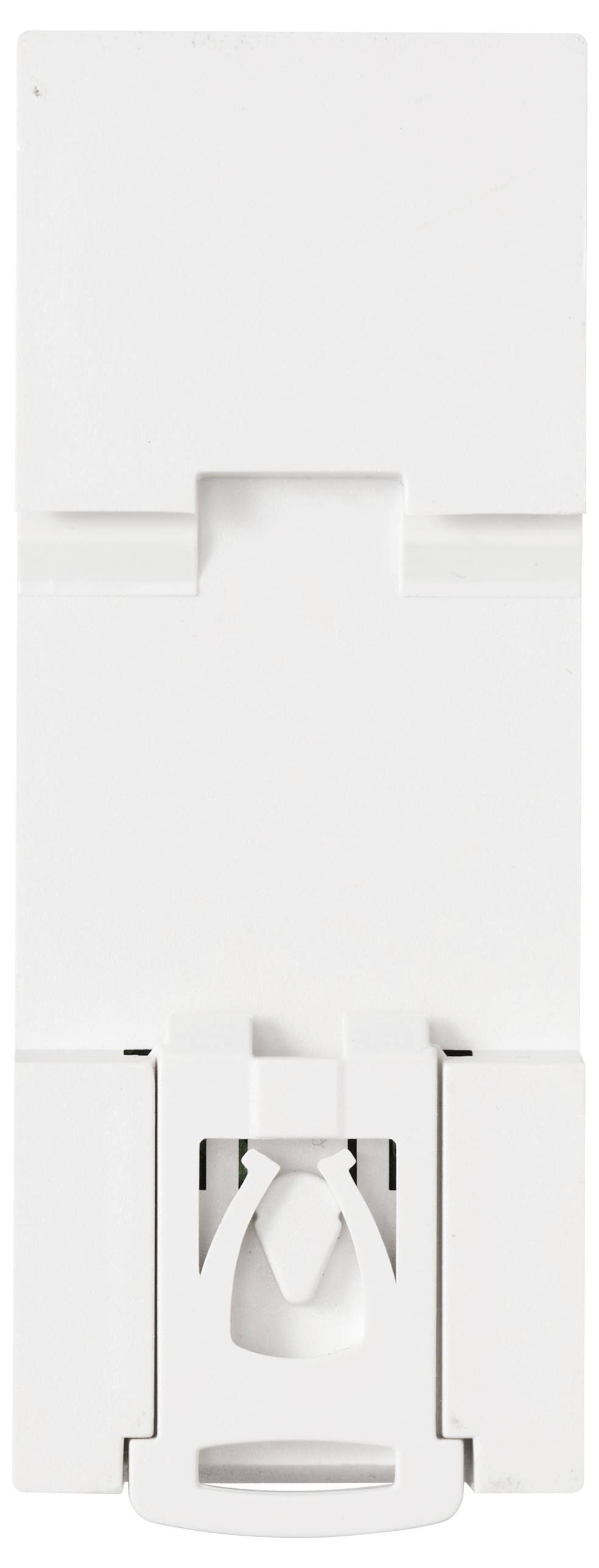 A white plastic wall mount bracket, featuring a central hook and clasp mechanism, likely for securing a device or holding an accessory.