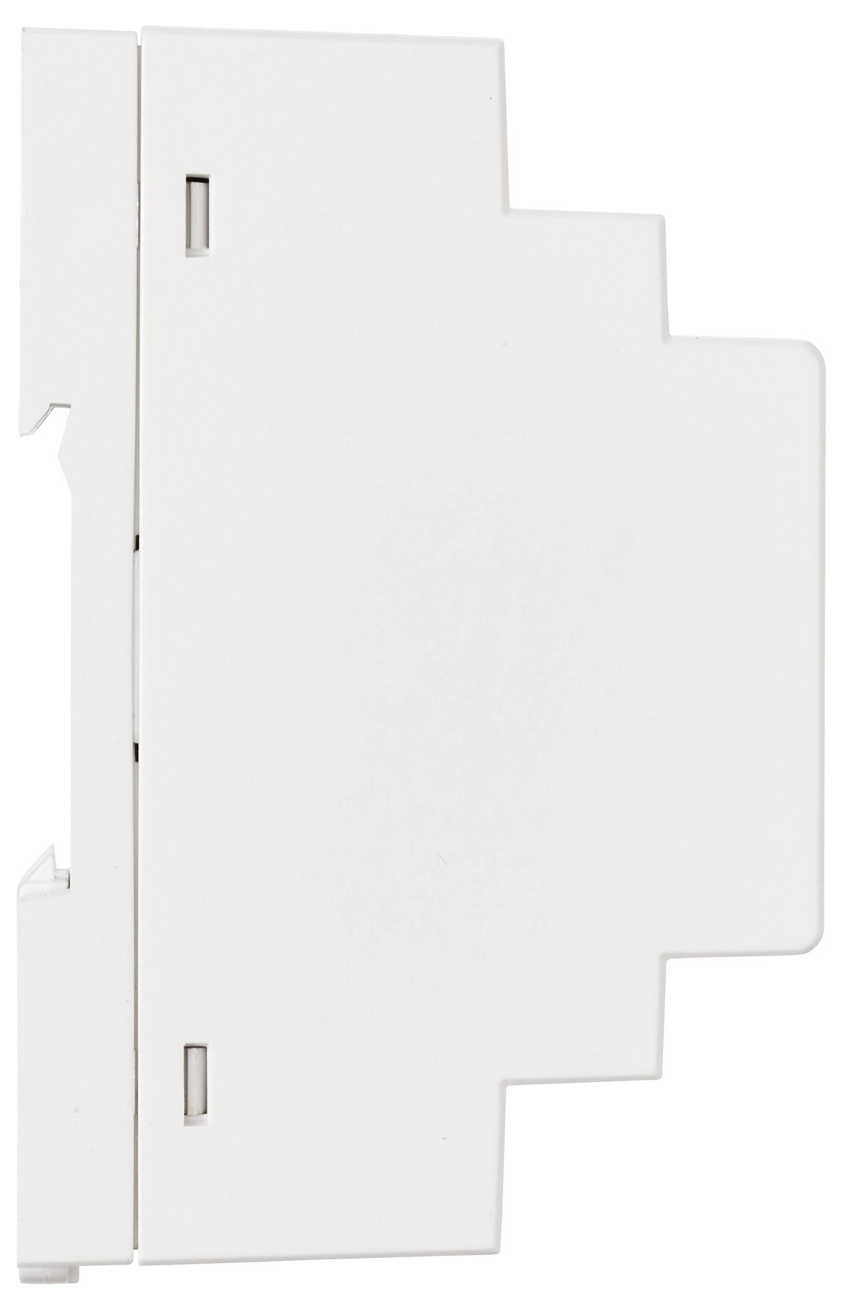 A white electronic device viewed from the side, featuring a rectangular shape with multiple slots and a protrusion on the right side.