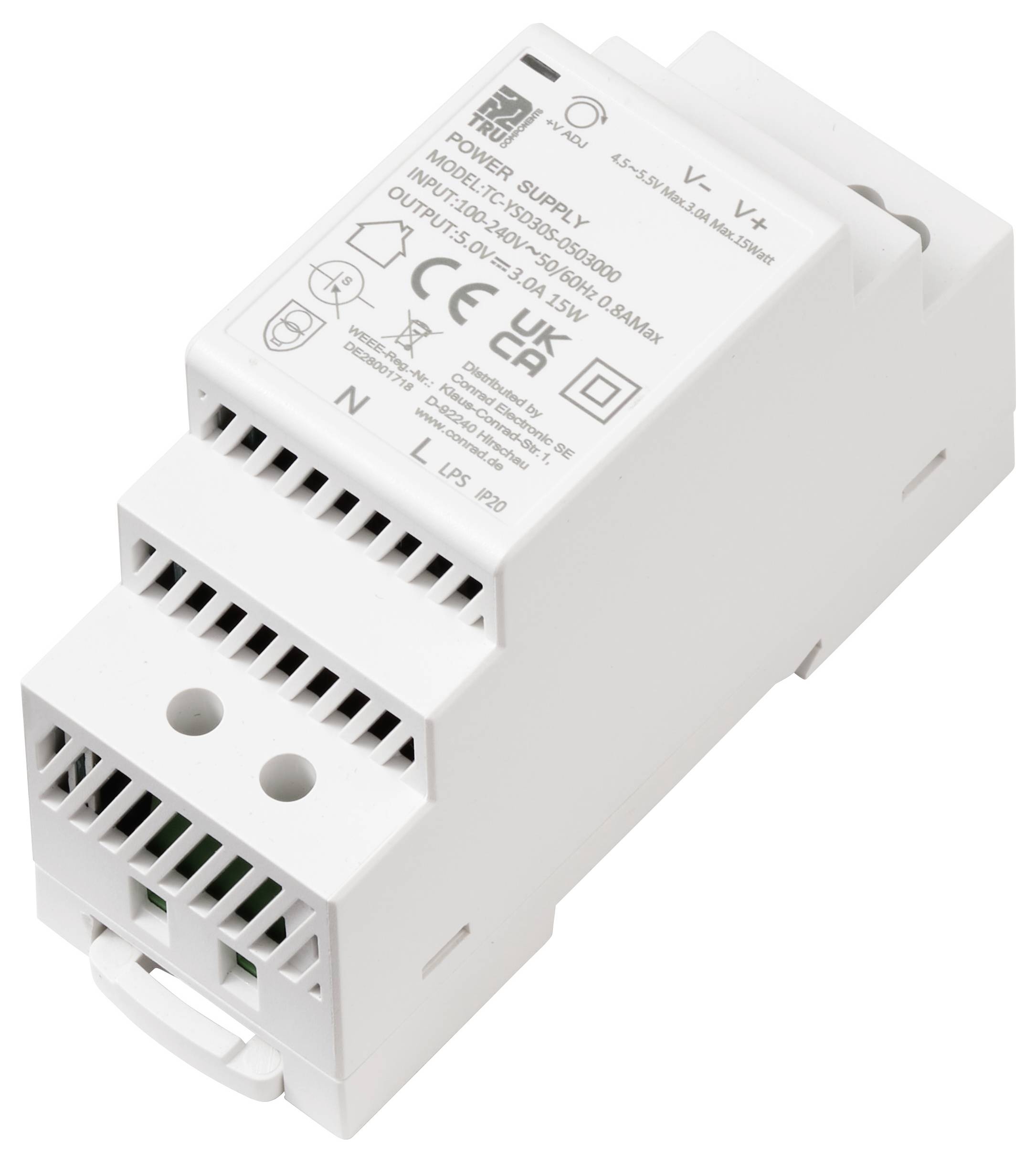 A white, box-shaped power supply unit with labeled connections for voltage and current. Includes specifications and certification marks.