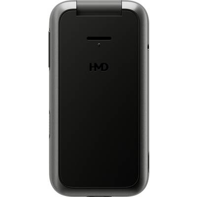 A black flip phone with an 'HMD' logo on the front. The device has rounded corners and appears compact.