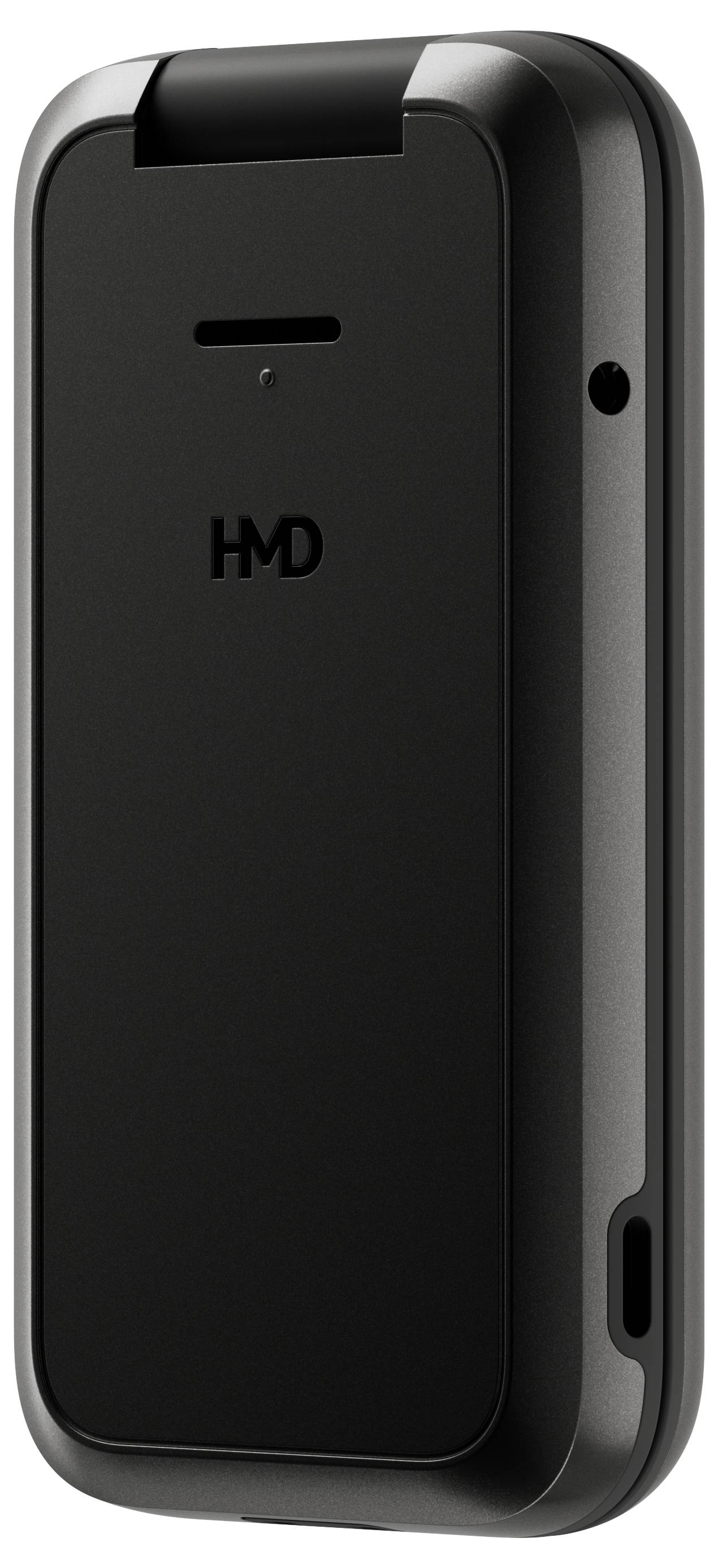 A simple, black flip phone in closed state, showing the back side with a narrow screen window.